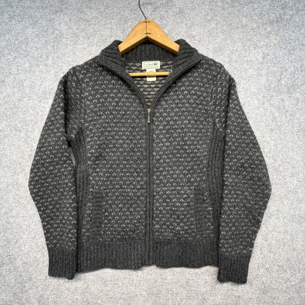 LL Bean Sweater Womens Small Gray Lambs Wool Cardigan Nordic Fair Isle Birds Eye